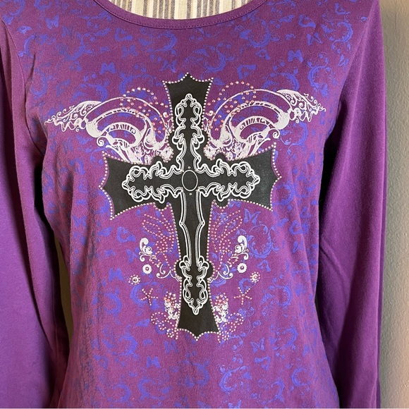 Bit & Bridle Womens Purple Long Sleeve Black Cross Rhinestone Pullover Shirt M - Picture 2 of 14